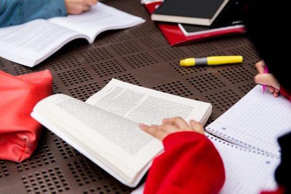 Graduates studying with textbooks and notebooks